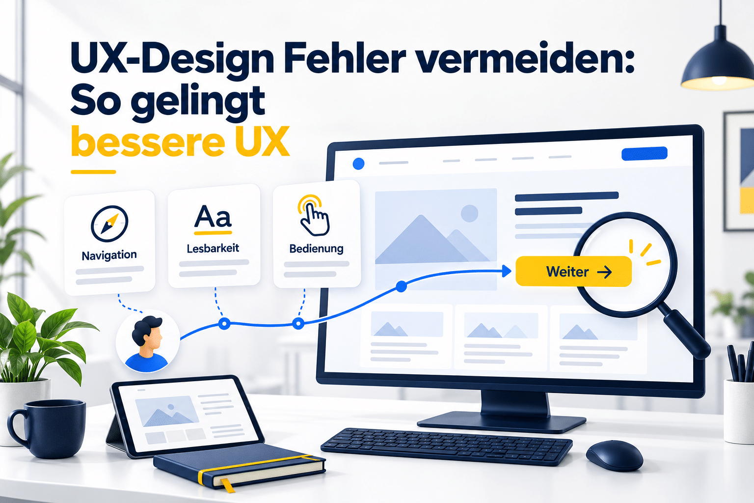 Website-Vorschau mit hervorgehobenem Weiter-Button und Karten für Navigation, Lesbarkeit und Bedienung.