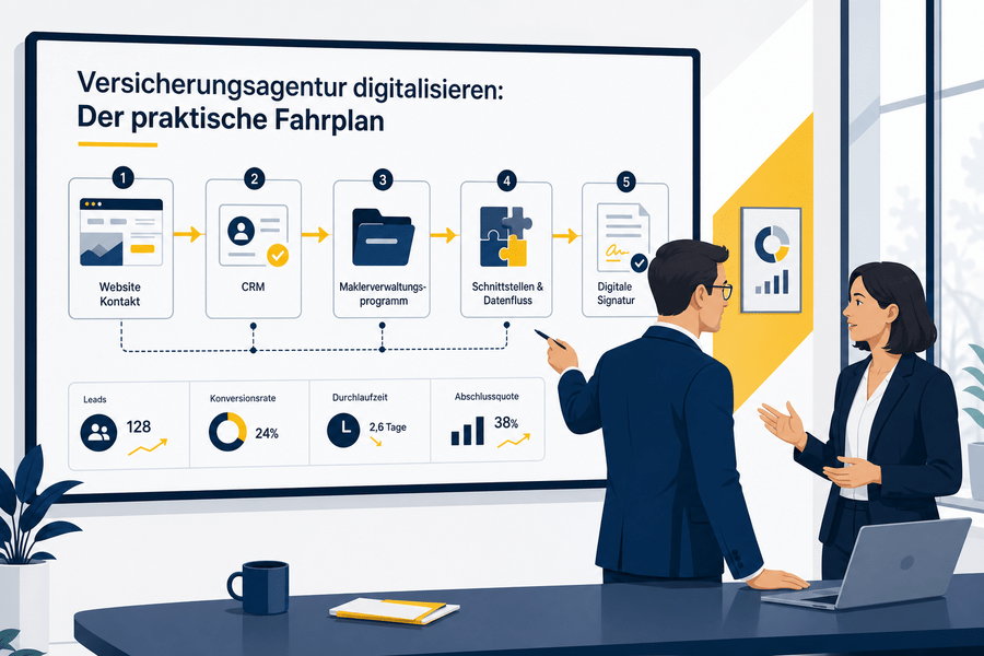 Digitale Prozesslandkarte einer Versicherungsagentur mit Website, CRM, MVP und Kundenservice