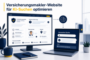 Makler-Website mit Antwortmodulen und technischen Prüfpunkten neben einer generativen KI-Suche
