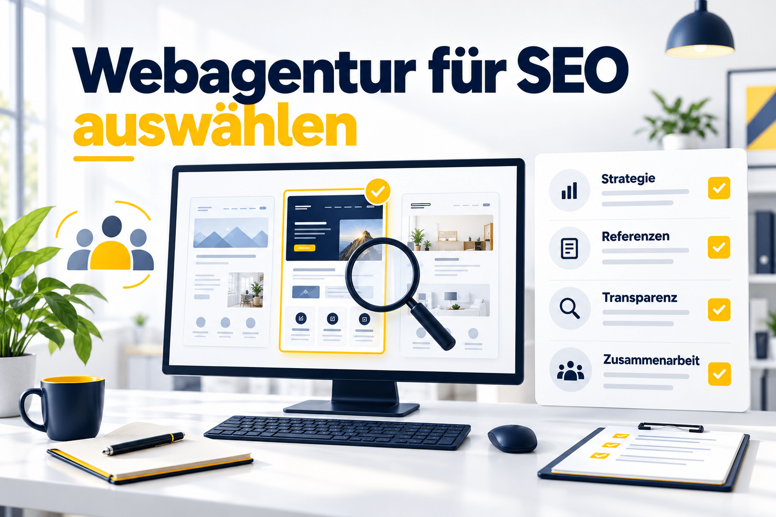 Drei Agentur-Websites auf einem Monitor neben einer Prüfliste für Strategie, Referenzen, Transparenz und Zusammenarbeit.