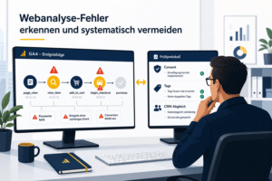 Tracking-Prüfung mit GA4-Ereignissen, Consent-Status und CRM-Abgleich auf zwei Monitoren
