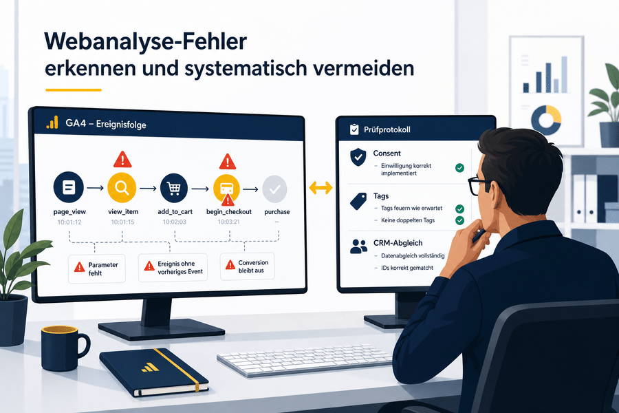 Tracking-Prüfung mit GA4-Ereignissen, Consent-Status und CRM-Abgleich auf zwei Monitoren
