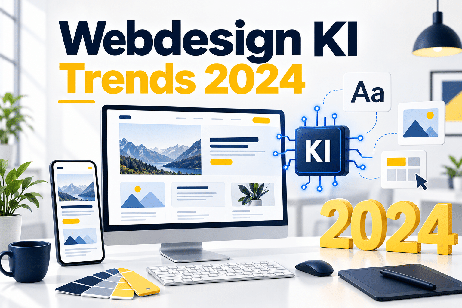 Website-Entwürfe auf Monitor und Smartphone neben einem KI-Chip, Gestaltungselementen und der Jahreszahl 2024.