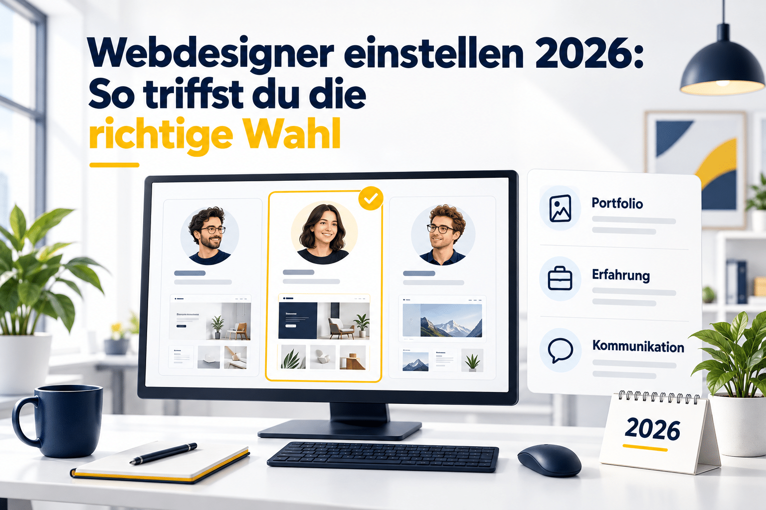 Drei Webdesigner-Profile mit Arbeitsproben auf einem Monitor neben den Auswahlkriterien Portfolio, Erfahrung und Kommunikation.
