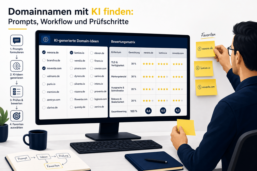 KI-generierte Domainnamen und Bewertungsmatrix auf einem modernen Arbeitsplatz