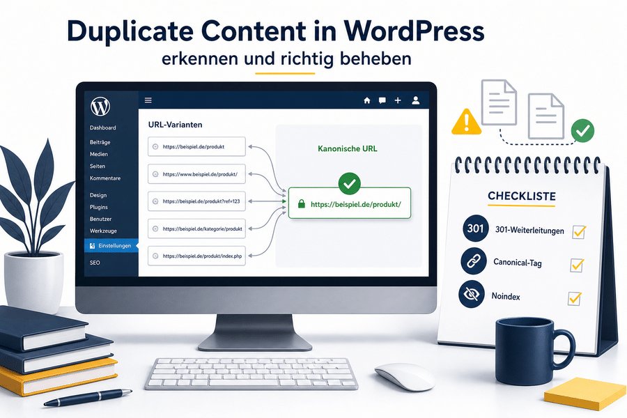 WordPress-Analyse mit doppelten URL-Pfaden und hervorgehobener kanonischer Ziel-URL