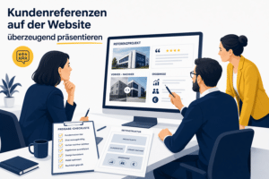 Marketingteam plant eine Referenzseite mit Projektkarte, Kundenzitat und Ergebnisnachweis