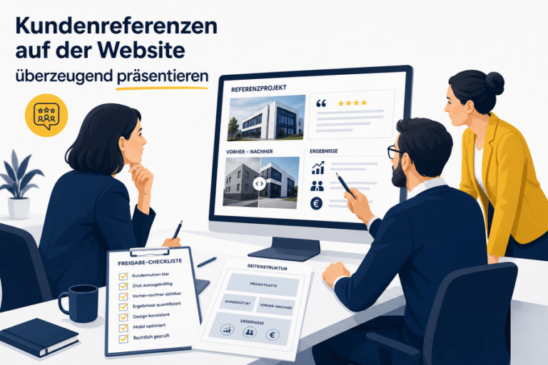 Marketingteam plant eine Referenzseite mit Projektkarte, Kundenzitat und Ergebnisnachweis