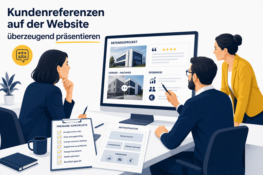 Marketingteam plant eine Referenzseite mit Projektkarte, Kundenzitat und Ergebnisnachweis