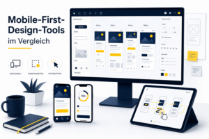 Mobiles UI-System auf einem Monitor neben Smartphones für responsive Gerätetests