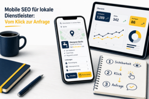 Smartphone mit lokaler Dienstleister-Suche, Leistungsseite sowie Anruf- und Terminoption