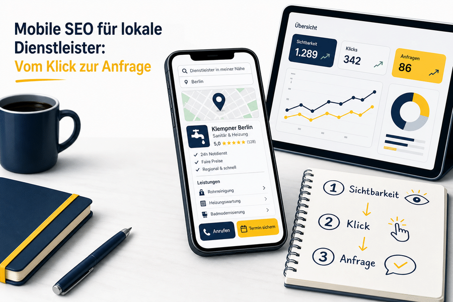 Smartphone mit lokaler Dienstleister-Suche, Leistungsseite sowie Anruf- und Terminoption