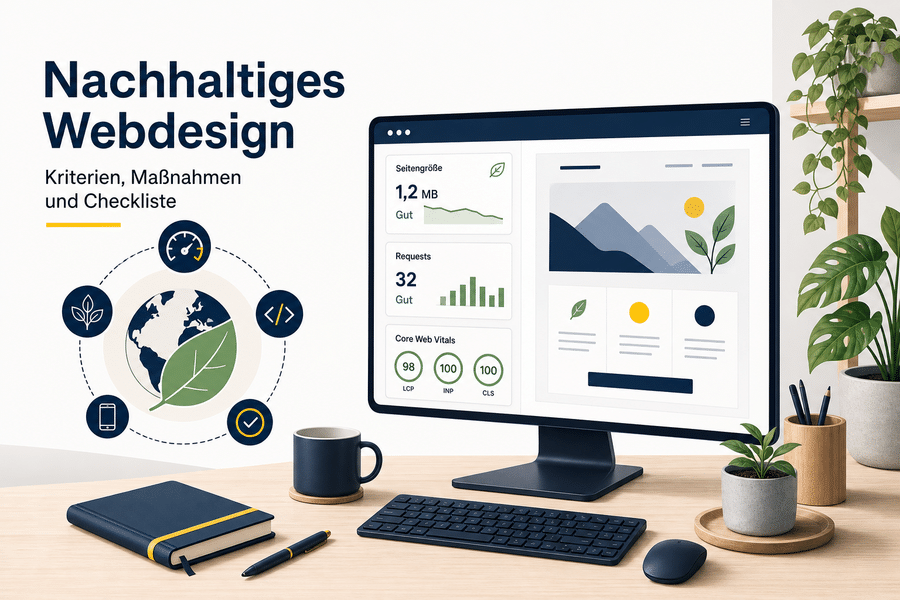 Dashboard für Seitengröße und Core Web Vitals neben einem reduzierten nachhaltigen Webdesign