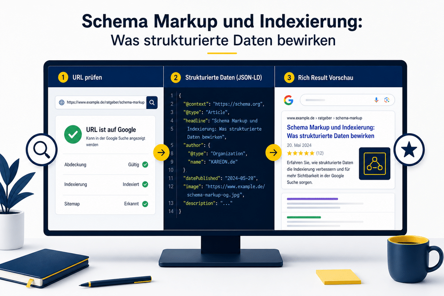 URL-Prüfung, JSON-LD-Code und Rich-Result-Vorschau auf einem Monitor