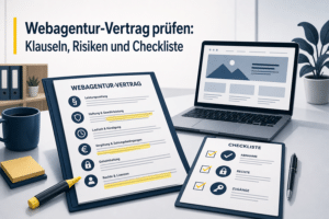 Webagentur-Vertrag mit markierten Klauseln neben Website-Prototyp und Prüfcheckliste
