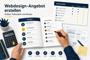 Webdesign-Angebot mit Scope-Matrix, Kalkulation und Website-Wireframes auf einem Agentur-Schreibtisch