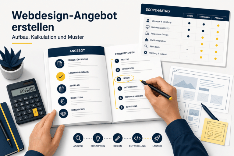 Webdesign-Angebot mit Scope-Matrix, Kalkulation und Website-Wireframes auf einem Agentur-Schreibtisch