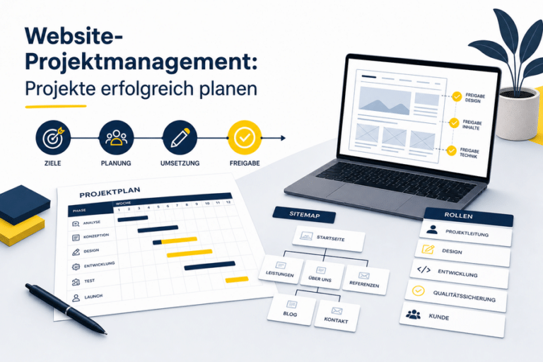 Projektplan, Sitemap-Karten und Website-Wireframe für strukturiertes Website-Projektmanagement