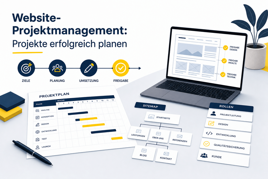 Projektplan, Sitemap-Karten und Website-Wireframe für strukturiertes Website-Projektmanagement