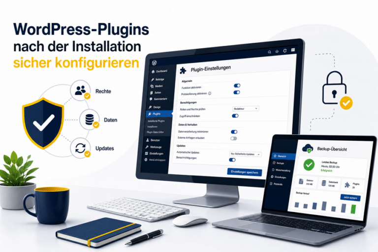 WordPress-Plugin-Einstellungen mit Prüfnotizen zu Rechten, Datenschutz, Updates und Backup